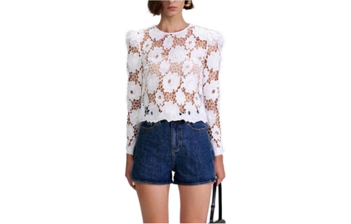 (Women) Self-Portrait SS23 White Floral Hollow Out Long Sleeve Shirt Women. SWF342C03000
