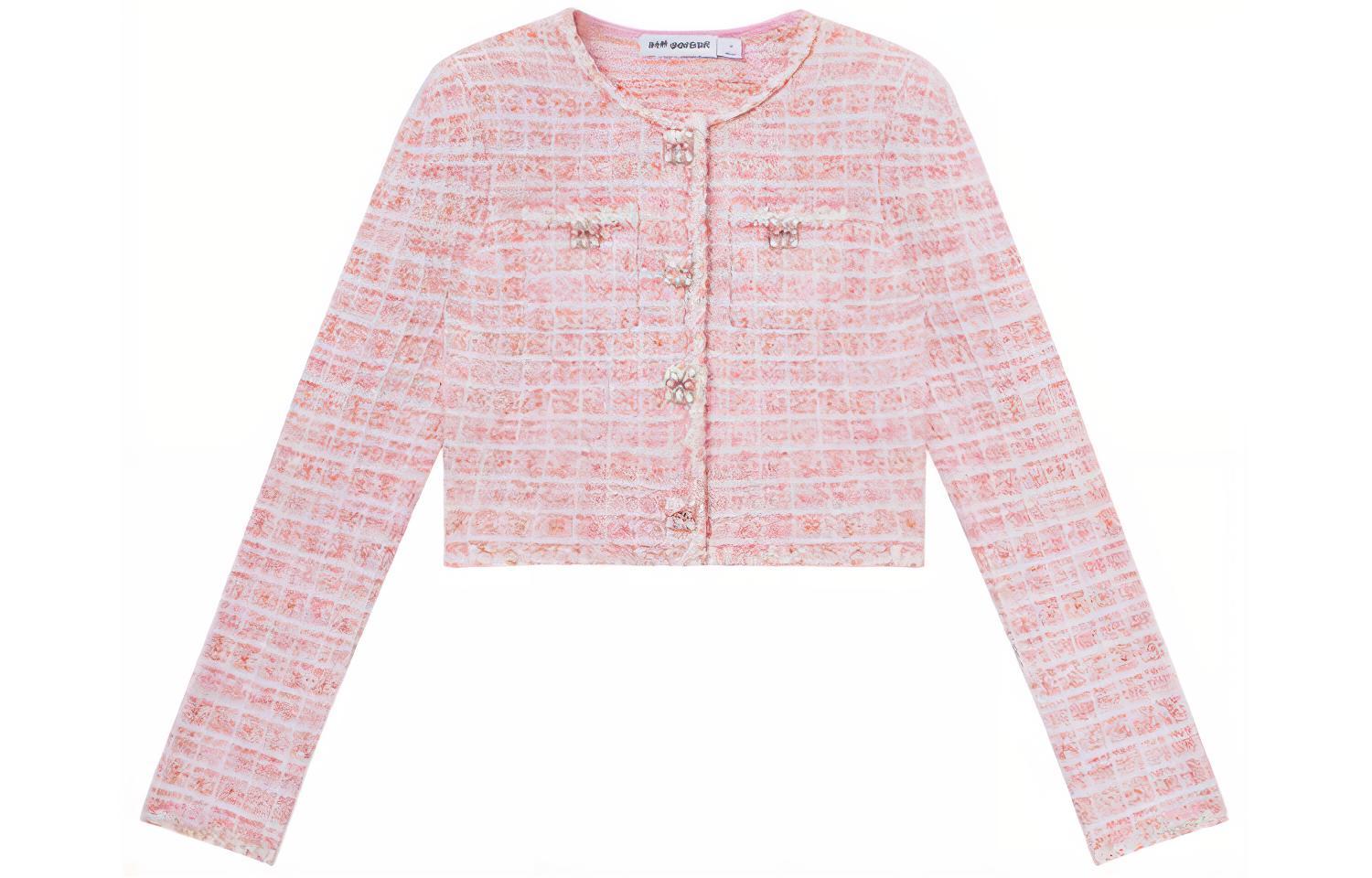 (Women) self-portrait Tweed Button-Up Jacket - Red Pink Plaid Long Sleeve SWF352M04700