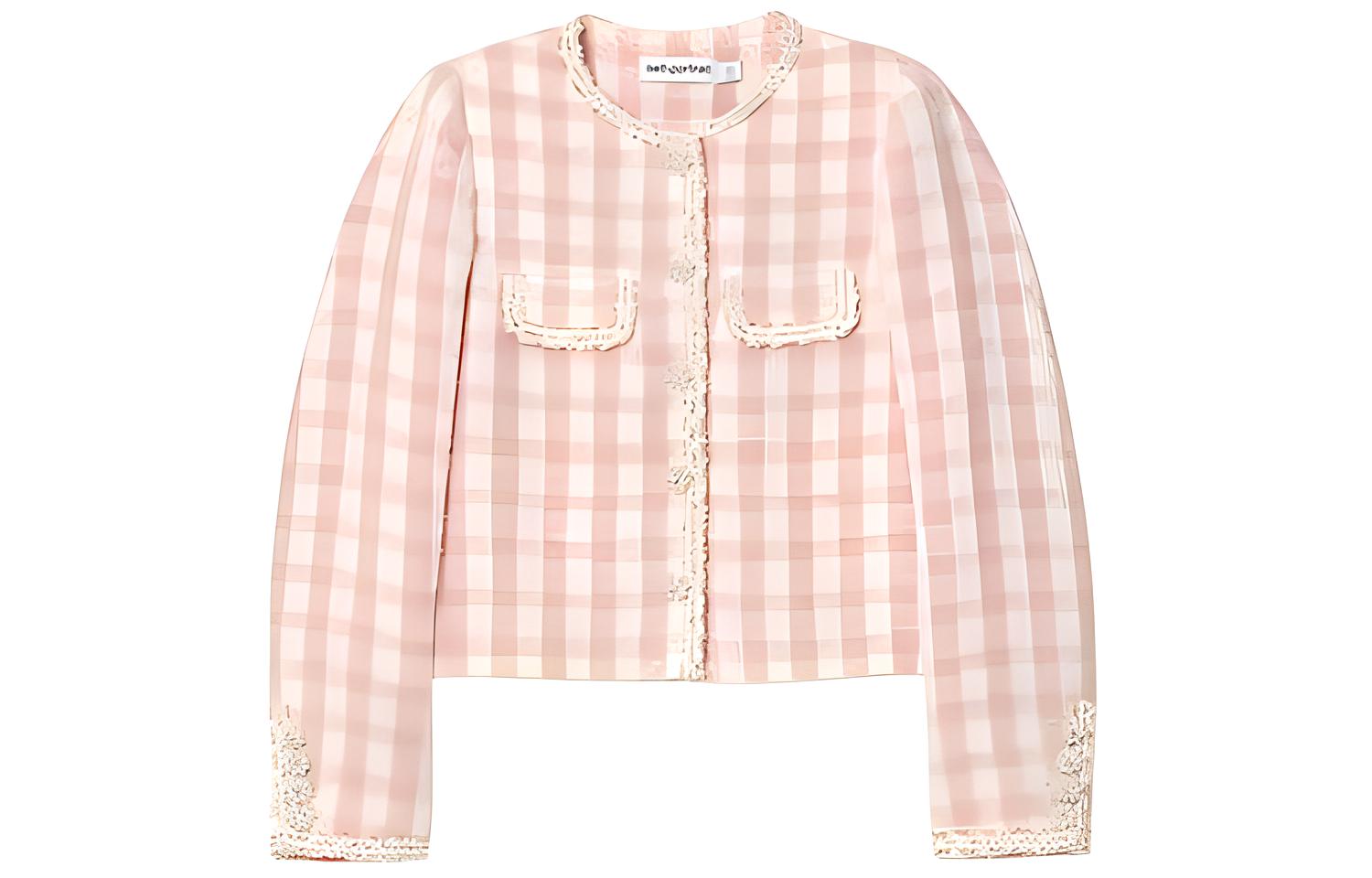 (Women) Self-Portrait Tweed Jacket with Rhinestone Details Red Pink Plaid  Blazer SWF352T01700