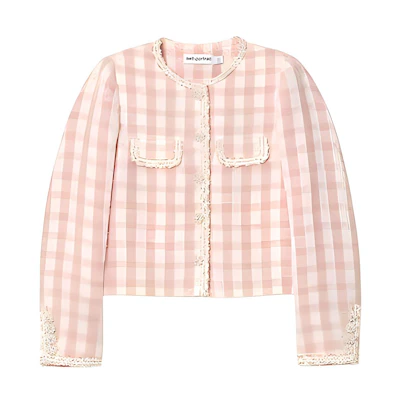 (Women) Self-Portrait Tweed Jacket with Rhinestone Details Red Pink Plaid Blazer SWF352T01700