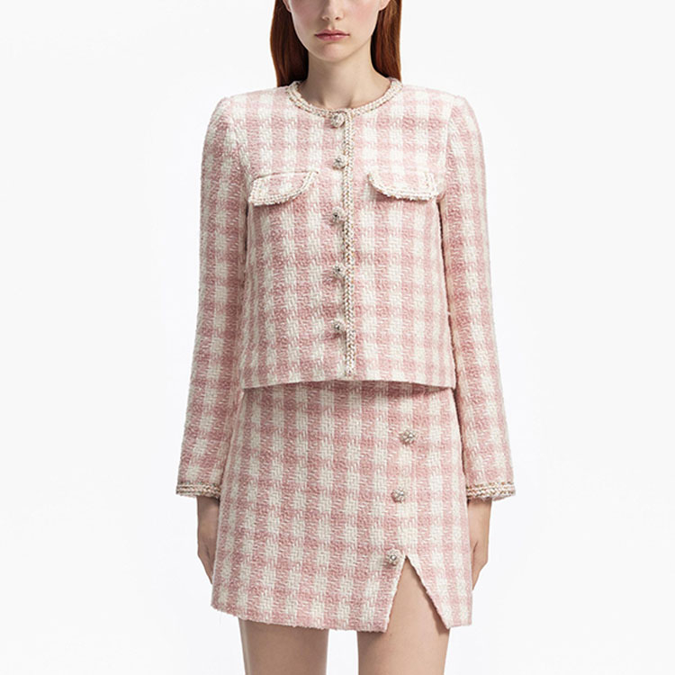 Lookbook (W) Self-Portrait紅粉色格紋水鑽細節粗花呢外套西裝外套 SWF352T01700