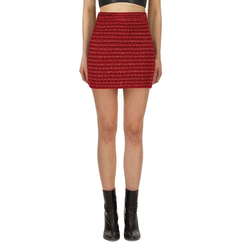 (Women) Self-Portrait Tweed Plaid High-Waist A-Line Mini Skirt - Wine Red Holiday Edition. SWF204M11400