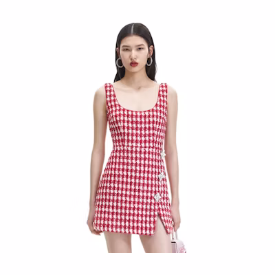 (Women) Self-Portrait Tweed Sleeveless Dress Red Pink Checkered Fashion SWF344Y20900