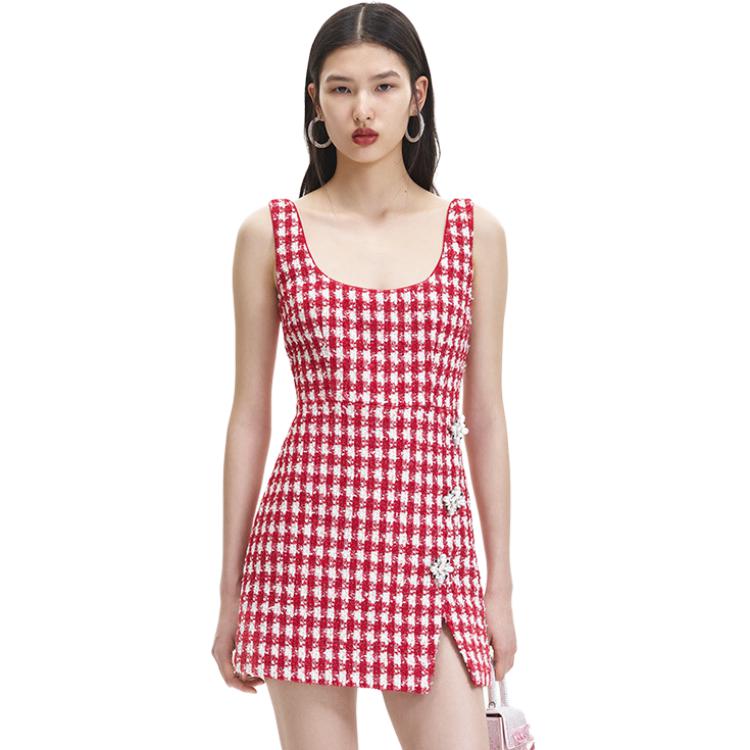 (Women) Self-Portrait Tweed Sleeveless Dress Red Pink Checkered  Fashion SWF344Y20900 圖 2