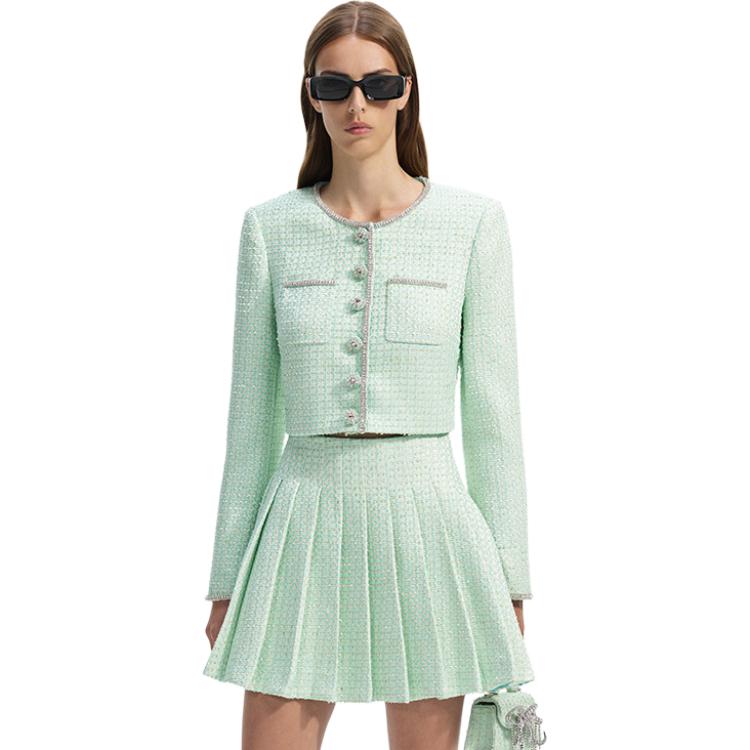 (Women) Self-Portrait Tweed Straight Button-Up Jacket  Mint Green Long Sleeve SWF351C01900