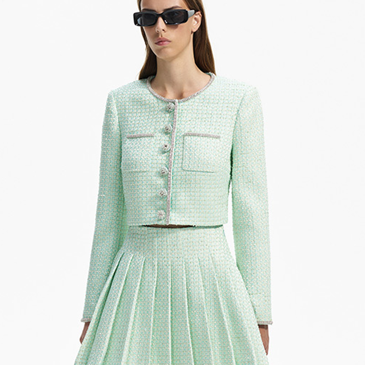 Lookbook (W) Self-Portrait Jaket Tweed Butang Lurus Hijau Pudina Lengan Panjang SWF351C01900