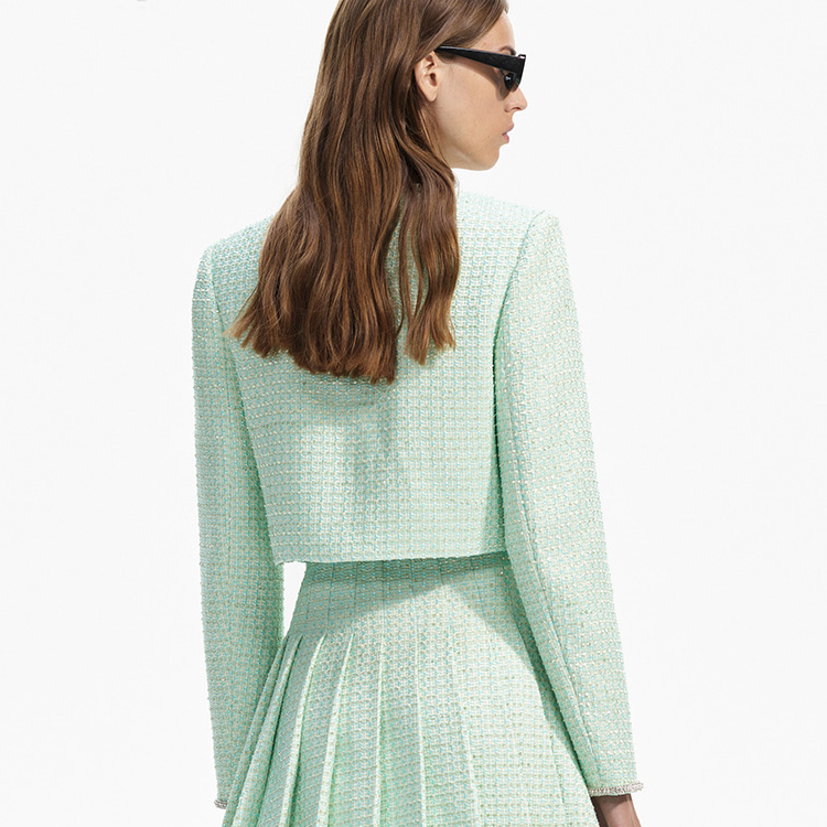 Shop (W) Self-Portrait Jaket Tweed Butang Lurus Hijau Pudina Lengan Panjang SWF351C01900