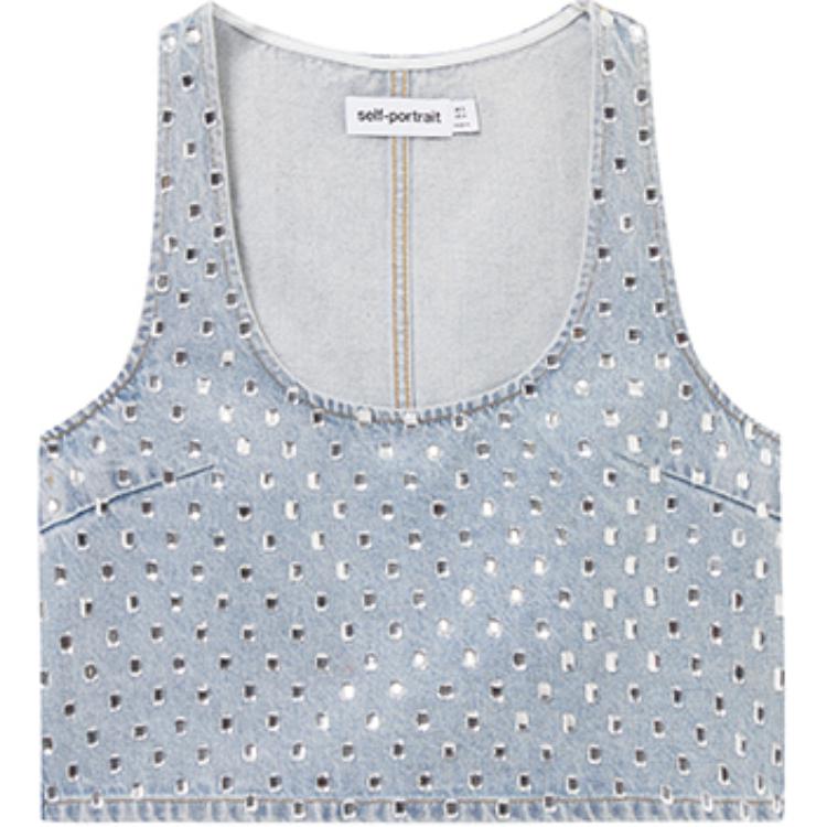 (Women) Self-Portrait U-Neck Rhinestone Tank Top Women’s Light Denim Blue SWF353B01000