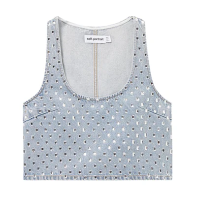 (Women) Self-Portrait U-Neck Rhinestone Tank Top Women’s Light Denim Blue SWF353B01000