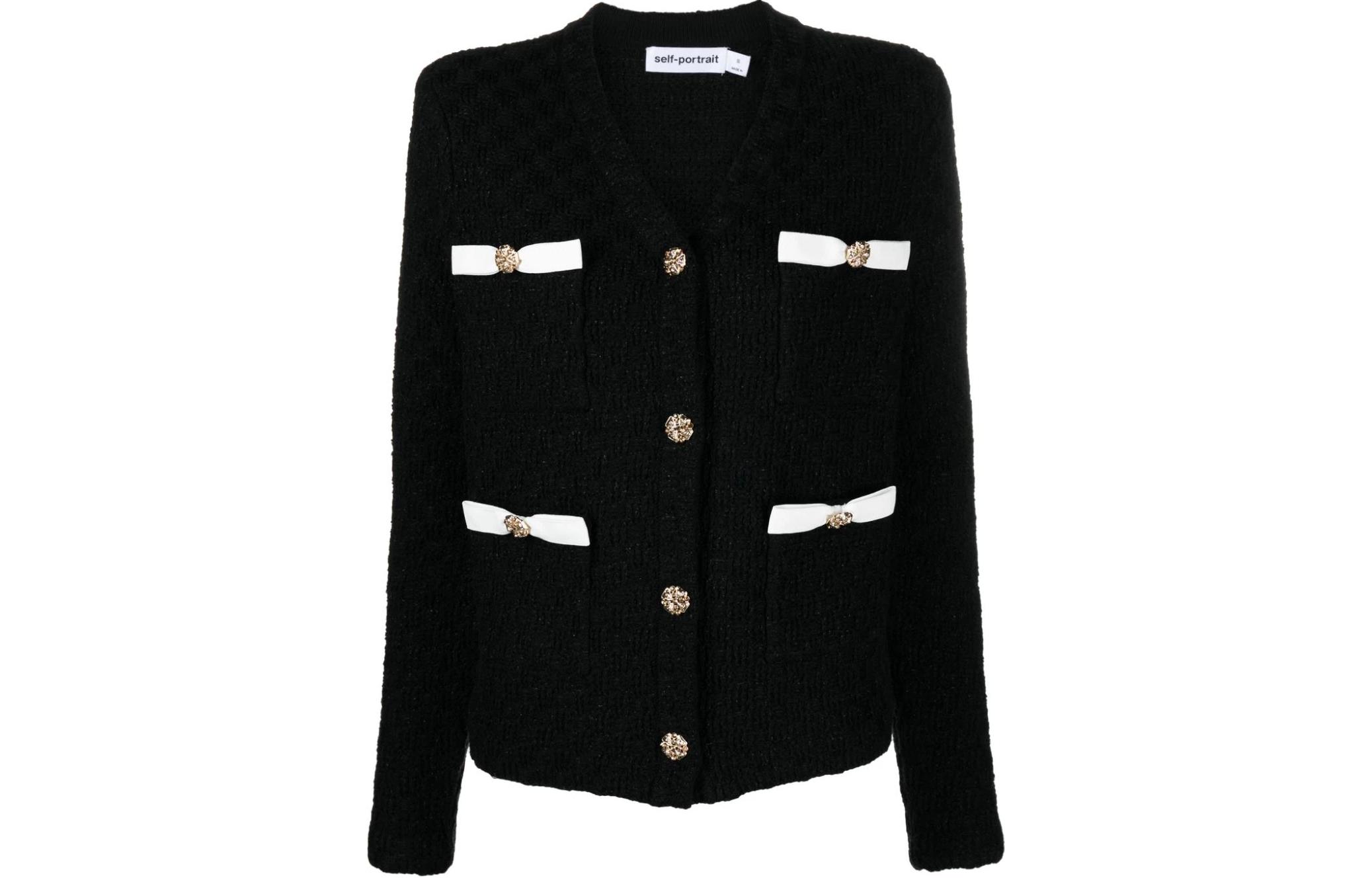 (Women) Self-Portrait V-Neck Button-Up Knit Cardigan Navy Blue  Sweater. RS24153JABL