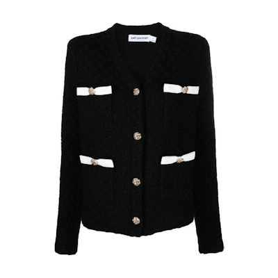 (Women) Self-Portrait V-Neck Button-Up Knit Cardigan Navy Blue Sweater. RS24153JABL