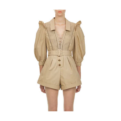 (Women) Self-Portrait V-Neck High-Waist Jumpsuit Women’s Khaki SWF202K05100