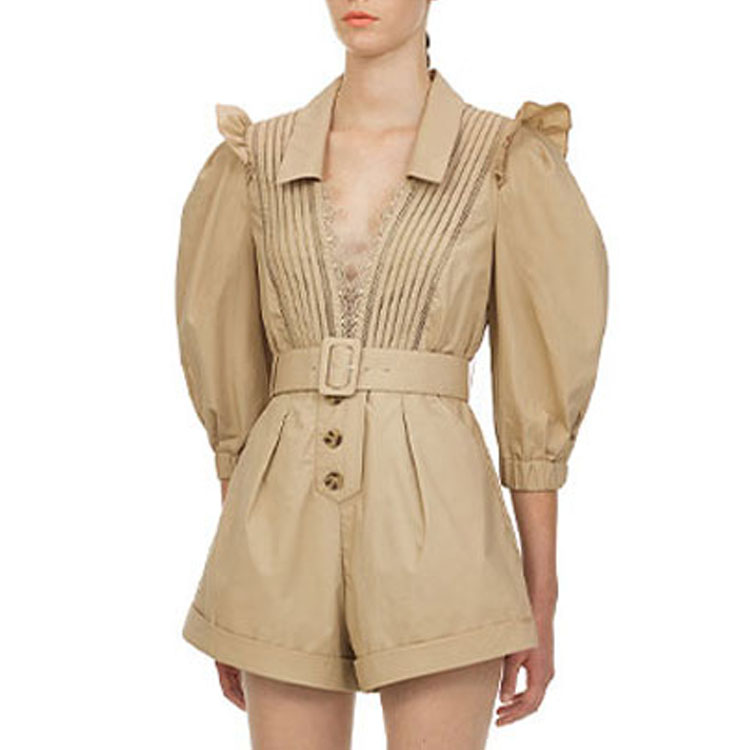 Sizing (W) Self-Portrait 女士V领高腰连体裤 卡其色 SWF202K05100