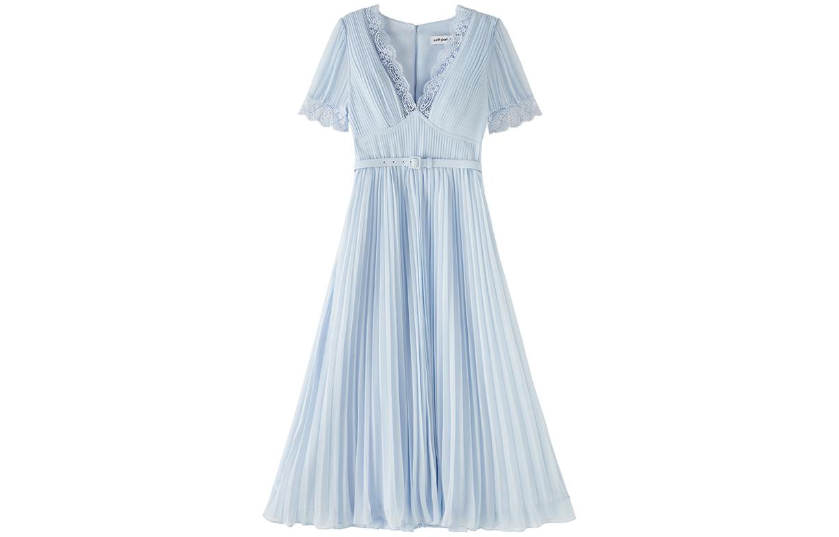 (Women) Self-Portrait V-Neck Lace Puff Sleeve Pleated Midi Dress - Misty Blue  Dress SWF341Y05300