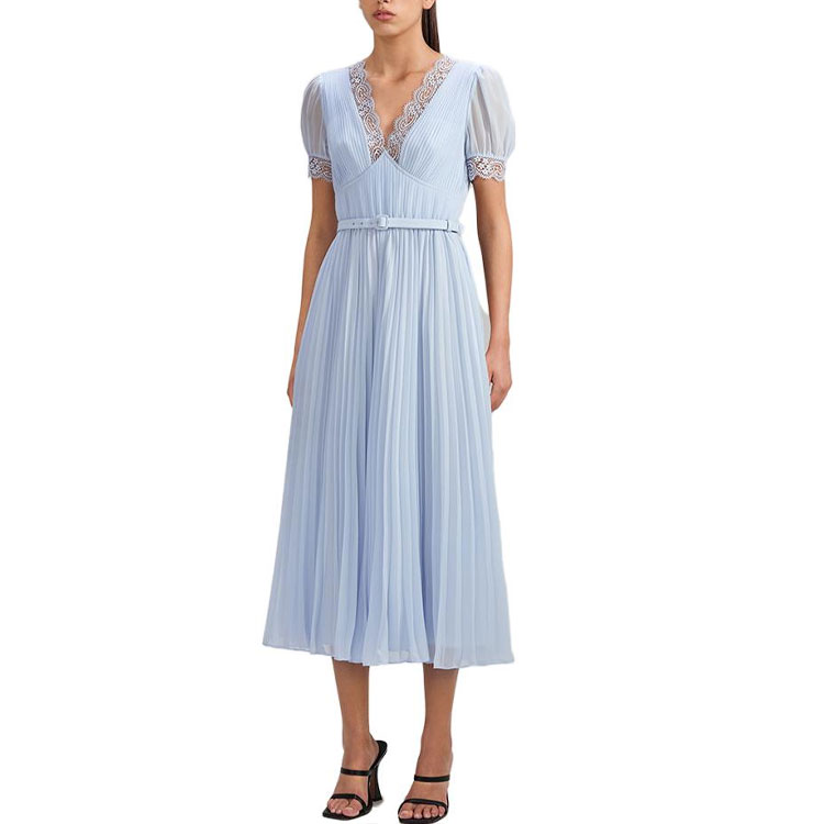 Sizing (W) セルフポートレイト Vネックレースパフスリーブプリーツミディドレス - ミスティーブルー SWF341Y05300