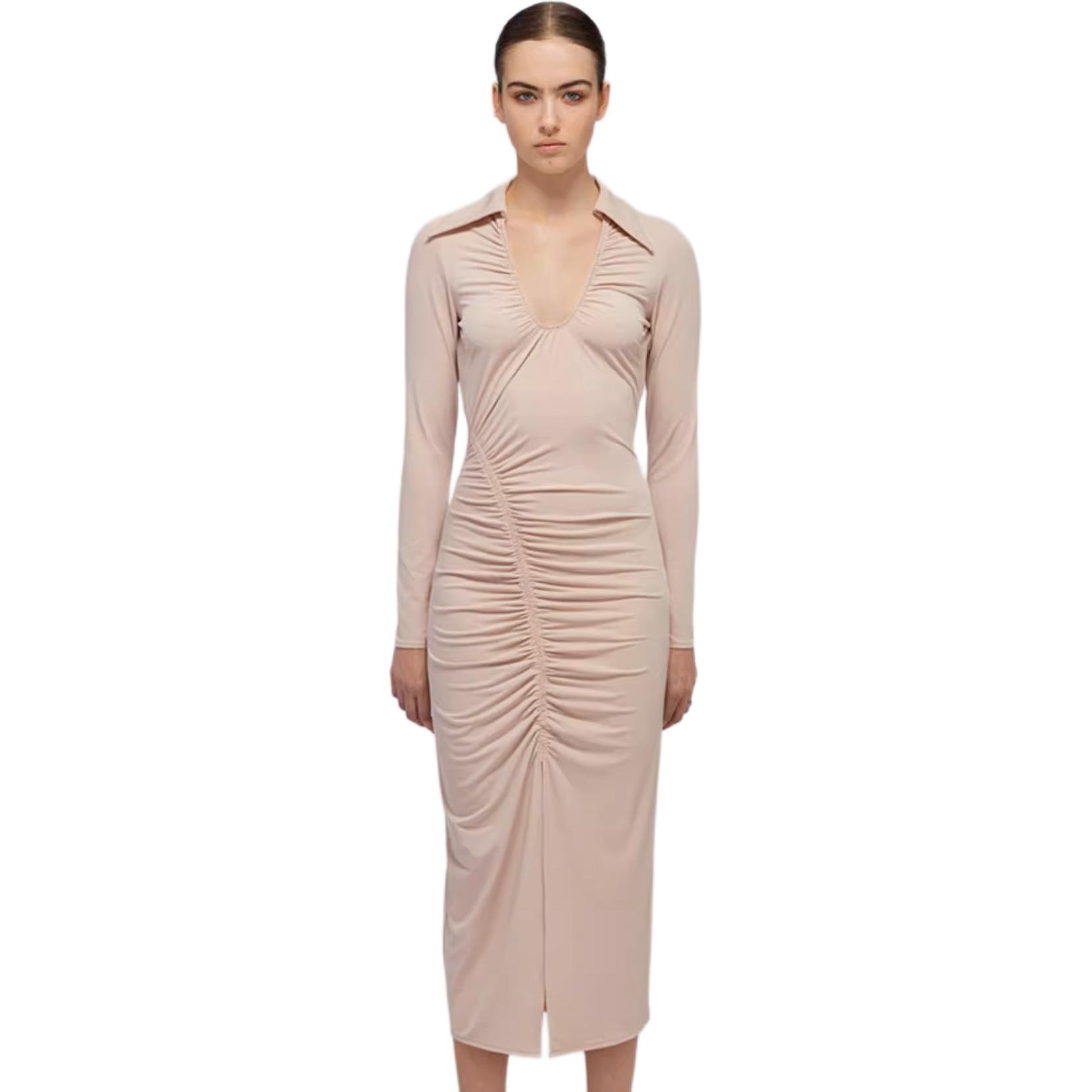 (Women) Self-Portrait V-Neck Ruched Waist Long Sleeve Elegant Gown Dress - Light Coffee. SWF332Y13200