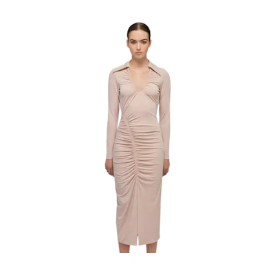 (Women) Self-Portrait V-Neck Ruched Waist Long Sleeve Elegant Gown Dress - Light Coffee. SWF332Y13200