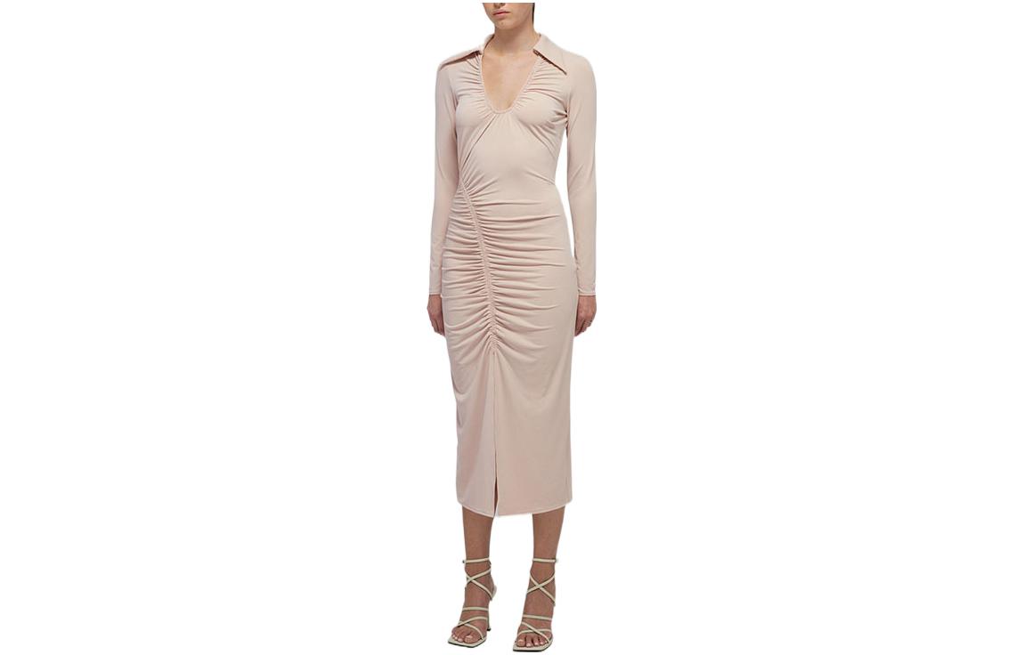 Order (W) Gaun Elegan Self-Portrait V-Neck Ruched Waist Lengan Panjang - Light Coffee. SWF332Y13200