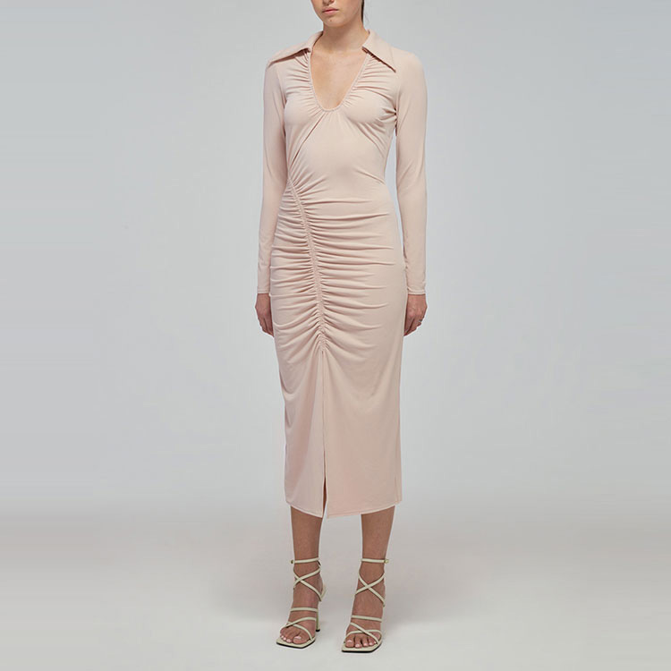 Shop (W) Gaun Elegan Self-Portrait V-Neck Ruched Waist Lengan Panjang - Light Coffee. SWF332Y13200