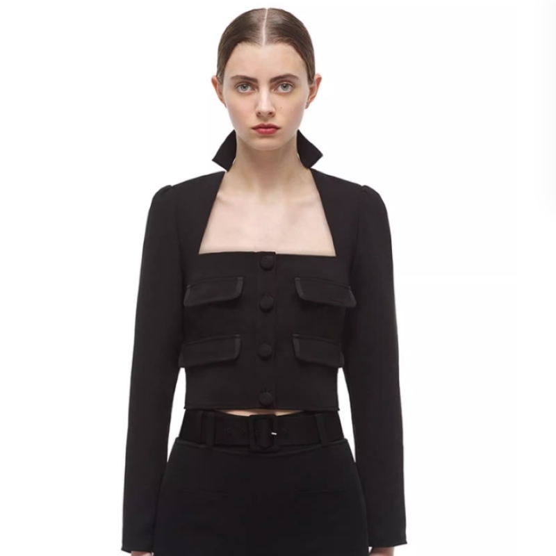 (Women) Self-Portrait Vintage Square Neck Pocket Blazer Cardigan  Black Jacket. SWF324C10500