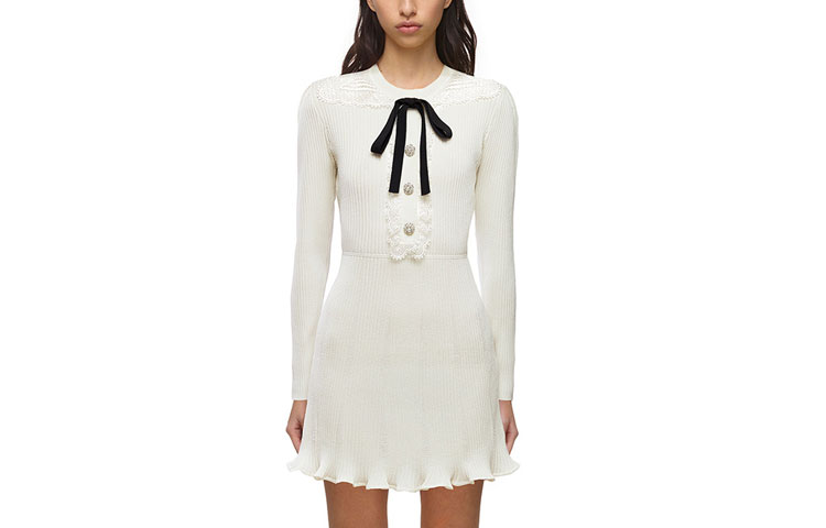 (Women) Self-Portrait White Bow Tie Knit Mini Dress with Doll Collar for Women SWF323M02200