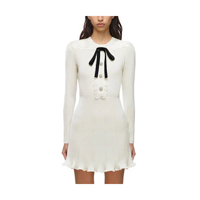 (Women) Self-Portrait White Bow Tie Knit Mini Dress with Doll Collar for Women SWF323M02200