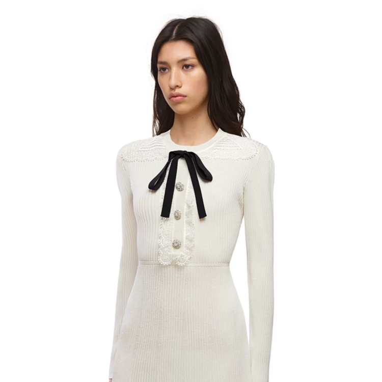 (Women) Self-Portrait White Bow Tie Knit Mini Dress with Doll Collar for Women SWF323M02200 圖 4
