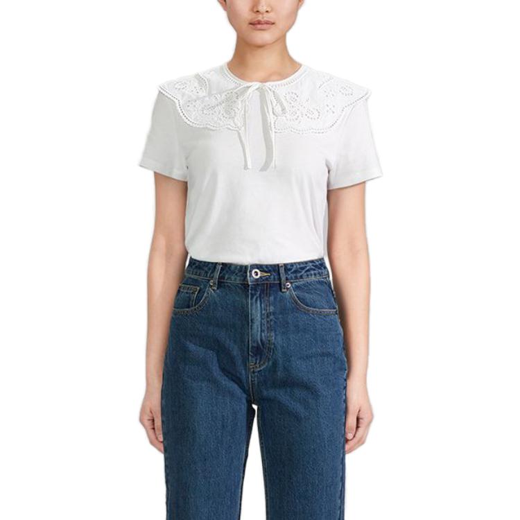 Lookbook (W) Self-Portrait 白色刺绣花领棉质修身短袖T恤 SWZ33BTX01