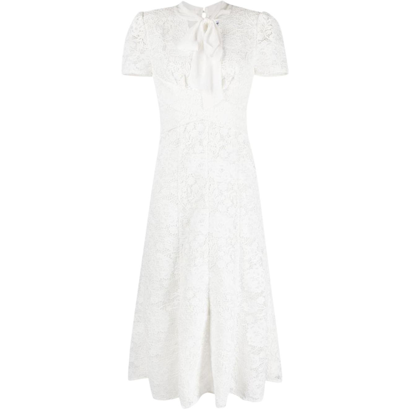 (Women) Self-Portrait White Lace Midi Dress with Bow Tie and Elegant Princess Style. PF23079MWA