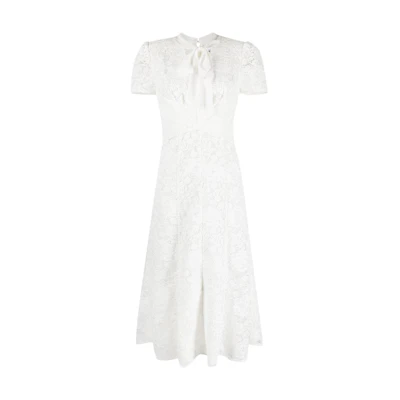(Women) Self-Portrait White Lace Midi Dress with Bow Tie and Elegant Princess Style. PF23079MWA