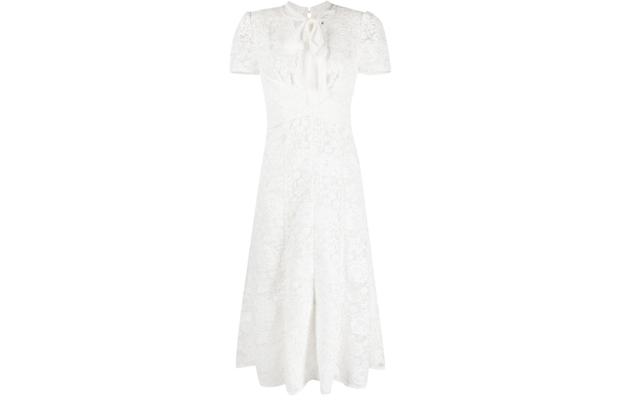 (Women) Self-Portrait White Lace Midi Dress with Bow Tie and Elegant Princess Style. PF23079MWA 圖 2