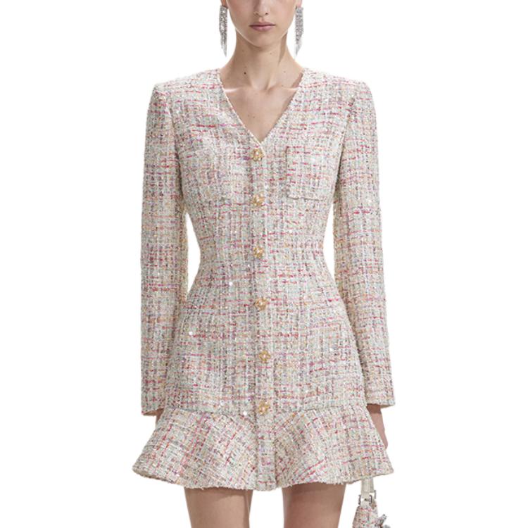 (Women) Self-Portrait White Tweed V-Neck Long Sleeve Mini Dress  Fashion. SWF353Y05900