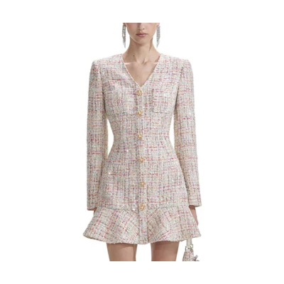 (Women) Self-Portrait White Tweed V-Neck Long Sleeve Mini Dress Fashion. SWF353Y05900