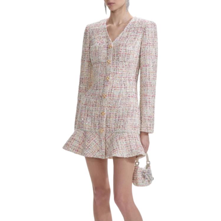 (Women) Self-Portrait White Tweed V-Neck Long Sleeve Mini Dress  Fashion. SWF353Y05900 圖 3