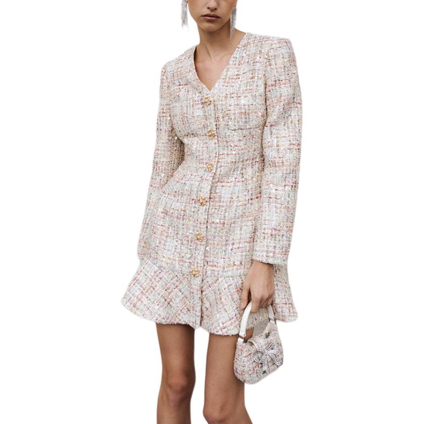 (Women) Self-Portrait White Tweed V-Neck Long Sleeve Mini Dress  Fashion. SWF353Y05900 圖 5