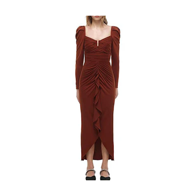 (Women) Self-Portrait Women’s Long Puff Sleeve Ruched Ruffle Brown Evening Gown Dress SWF324Y15100