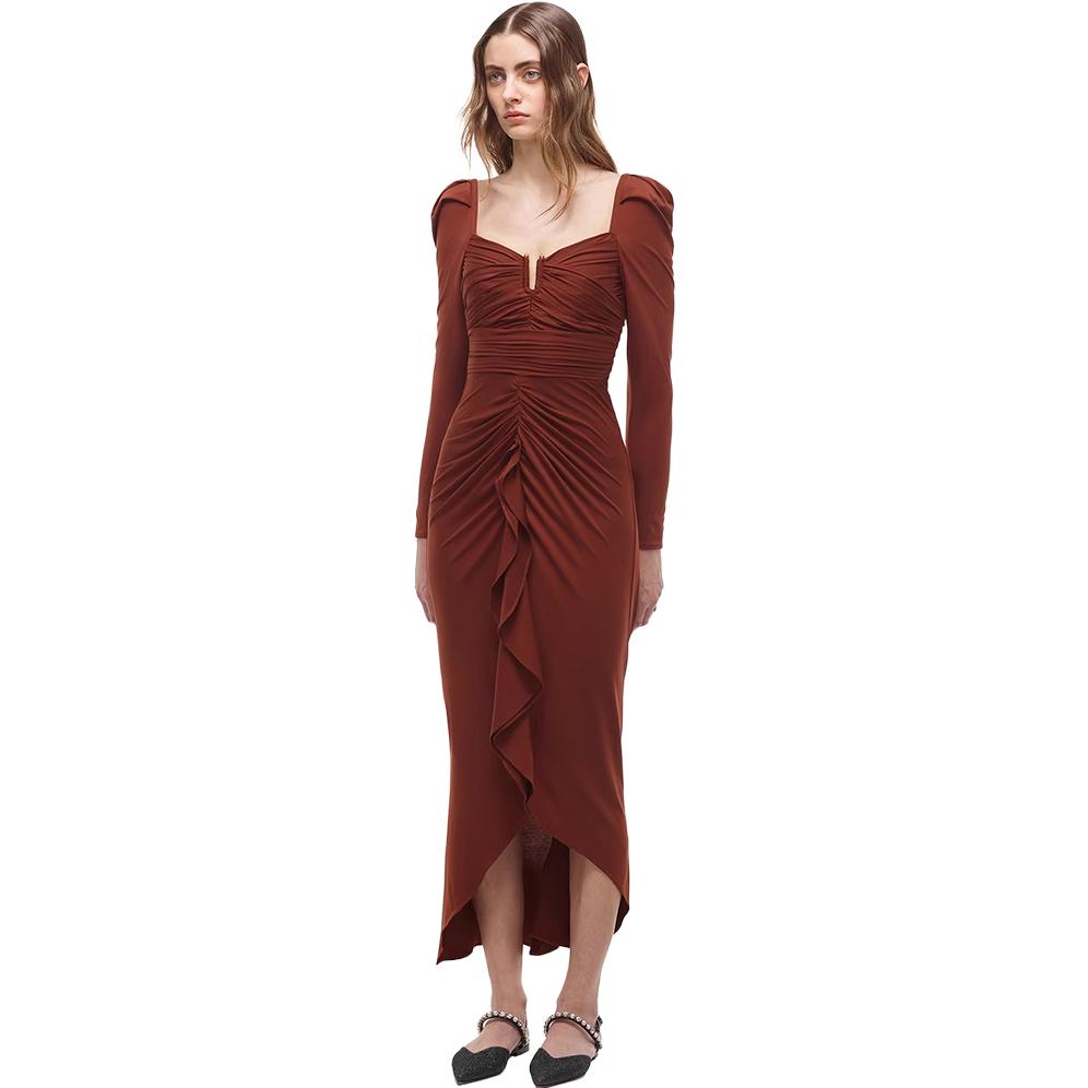 Sizing (W) Self-Portrait 女裝長袖荷葉邊皺褶棕色晚禮服 SWF324Y15100