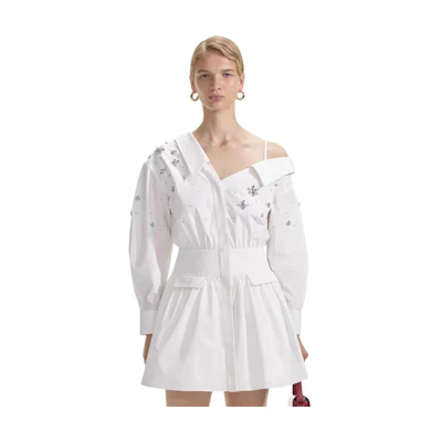 (Women) Self-Portrait Women’s White Embellished Asymmetric Long Sleeve Dress. SWF353Y02100