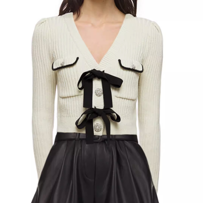(Women) Self-Portrait Womens Knitted Cardigan V-Neck Bow Tie White Slim Fit Sweater SWF325M01800