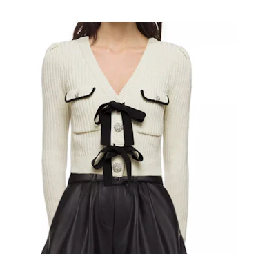 (Women) Self-Portrait Womens Knitted Cardigan V-Neck Bow Tie White Slim Fit Sweater SWF325M01800