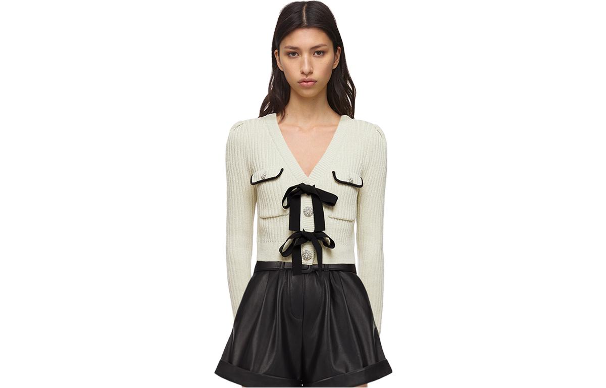 Order (W) Self-Portrait Kardigan Wanita Putih V-Neck Slim Fit dengan Reben. SWF325M01800