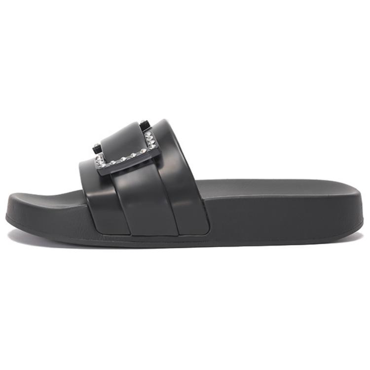 (Women) Sergio Rossi Crystal Buckle Metallic Black Slide Sandals B01030MFI6871000400