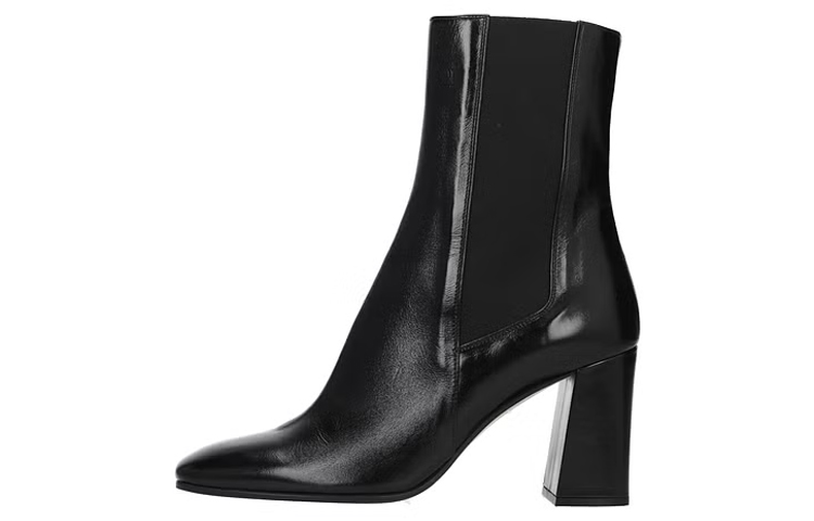 (W) SERGIO ROSSI Leather Ankle Boot 'Square Toe Black Chunky Heel'
