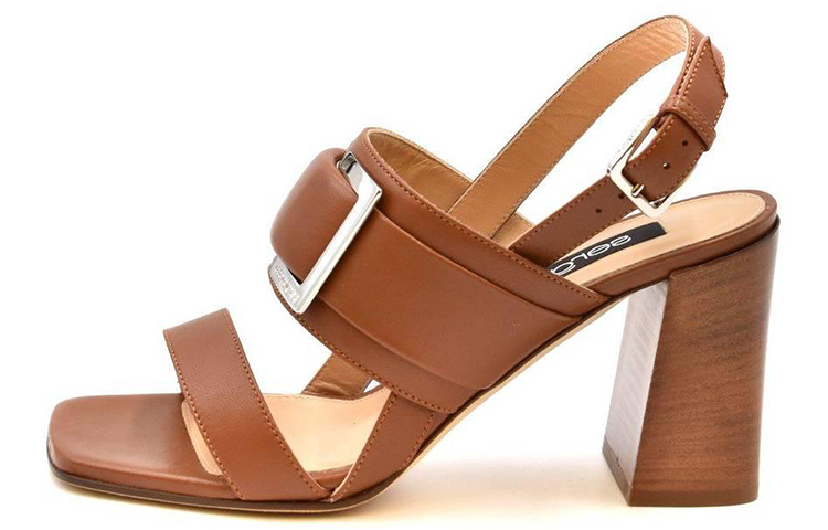 (W) SERGIO ROSSI Retro Leather Buckle High-Heeled Shoes 'Brown'