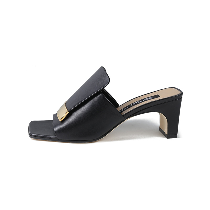 (Women) SERGIO ROSSI Sr1 Black Leather Square-Toe Slip-On Loafers for Women A81700MNAN071000110