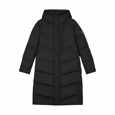 (Women) Skechers Long Down Jacket in Solid Black for Warmth and Winter Protection. L423W136-03B6