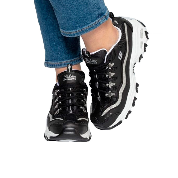 Sizing (W) Skechers D''Lites Now & Then Laufschuhe Schwarz/Weiß/Silber 11923-BKSL
