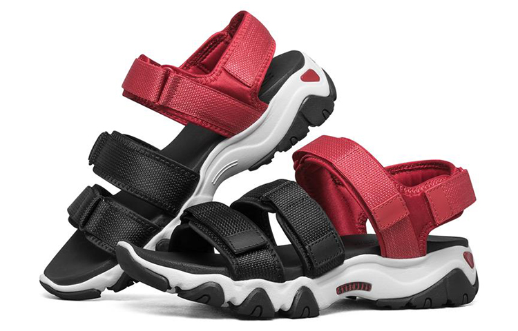 Lookbook (W) 스케쳐스 딜라이트 2.0 샌들 블랙/레드/화이트 66666284-BKRD