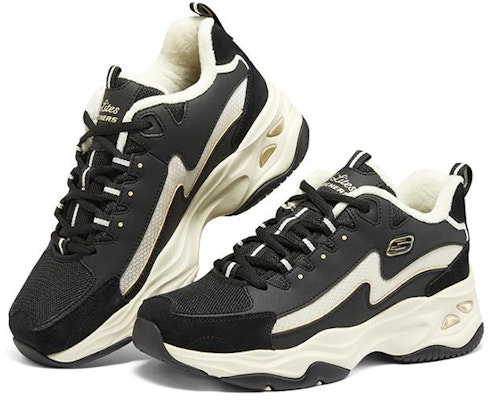 Skechers D'lite 4.0 閃電熊貓鞋 加絨防滑 低筒老爹鞋 女款 黑金色 Lookbook Skechers D'lite 4.0 閃電熊貓鞋 加絨防滑 低筒老爹鞋 女款 黑金色