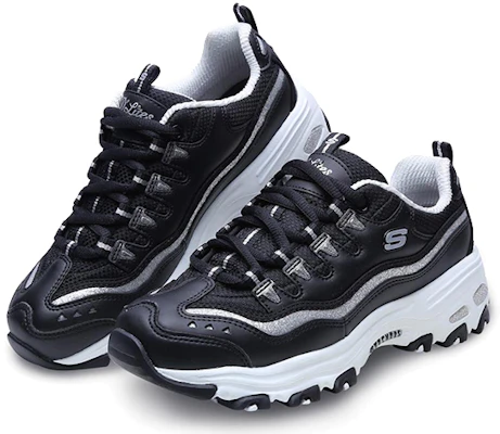 Women Skechers D lites Now Then Running Shoes Black White Silver 11923 BKSL